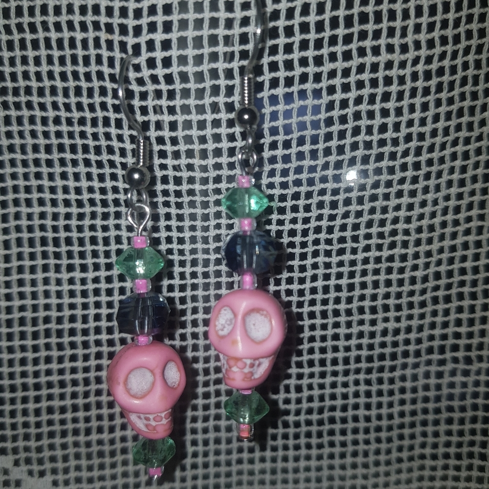 Pink Stone Skull Earrings Green Grey Crystals
